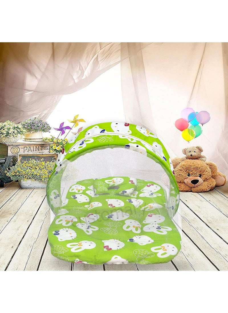 CUSTOMARY New Born Baby Mattress with Mosquito Net Sleeping Bag Combo Gift Set 03 Months Green Kitty Peach