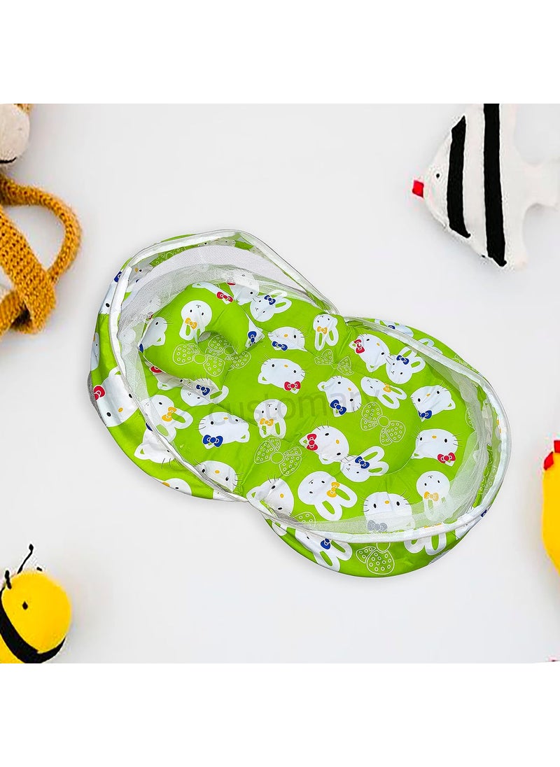 CUSTOMARY New Born Baby Mattress with Mosquito Net Sleeping Bag Combo Gift Set 03 Months Green Kitty Peach