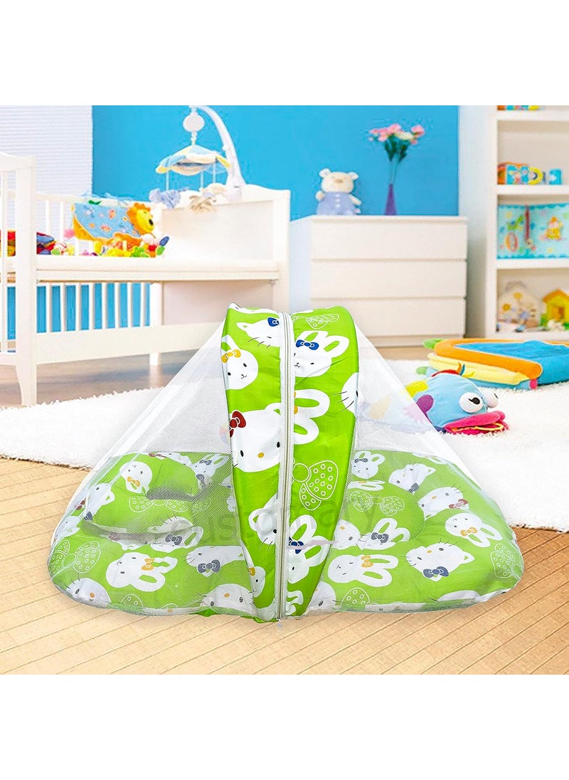 CUSTOMARY New Born Baby Mattress with Mosquito Net Sleeping Bag Combo Gift Set 03 Months Green Kitty Peach