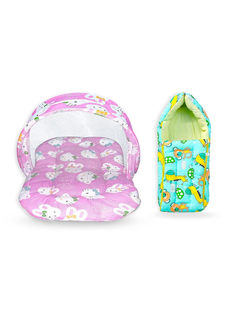CUSTOMARY New Born Baby Mattress with Mosquito Net Sleeping Bag Combo Baby Gift Set Pink Kitty Green