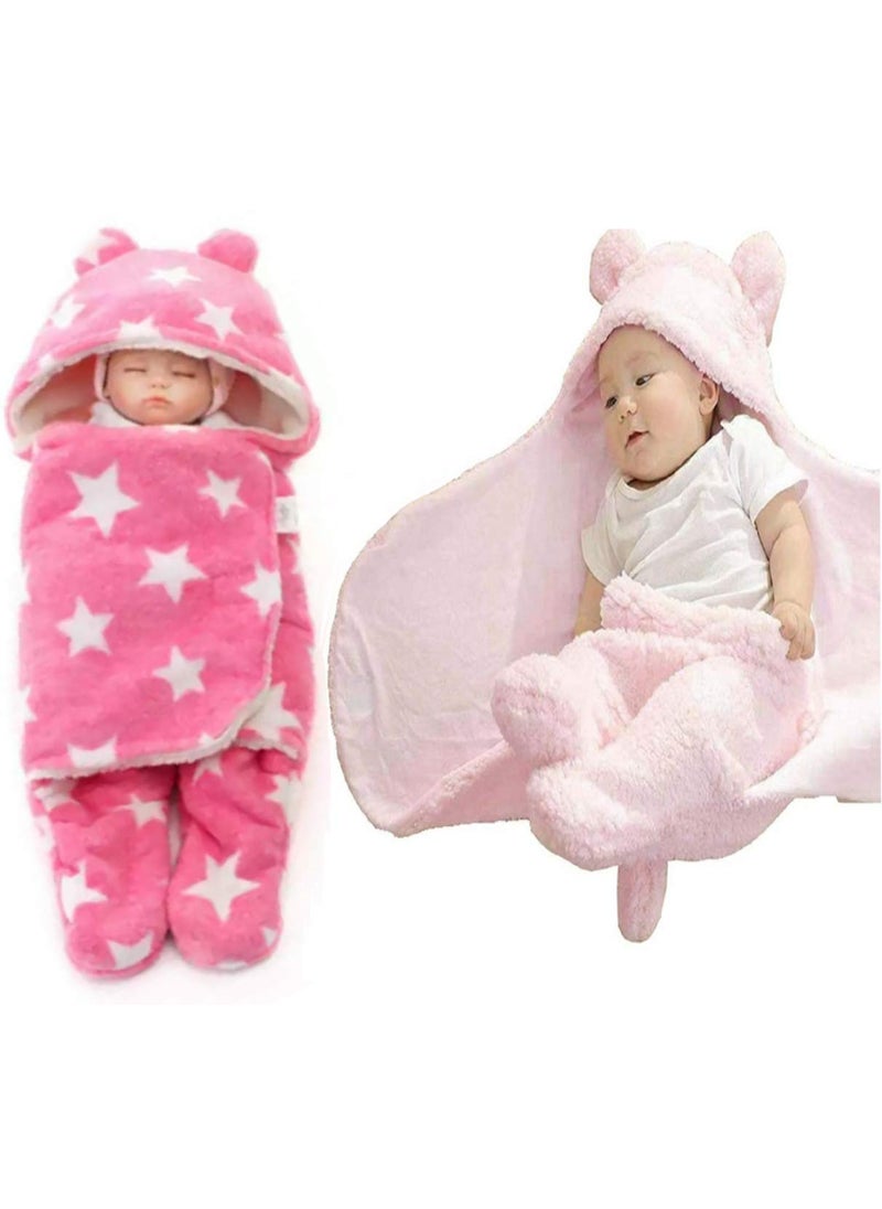 First Kick New Born Sleeping Bag Combo Pack of Super Soft Wearable Baby Wrapper Durable Fleece Polyester Cum Baby Sleeping Bag for Boys Baby Girls Babies 76cm x 70cm 06 Months Pack of 2 Pink