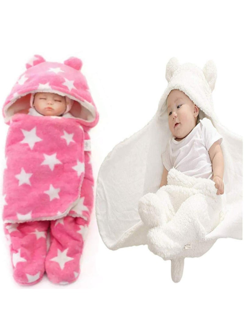 First Kick New Fleece Born Sleeping Bag Combo Pack of Super Soft Wearable Baby Polyester Wrapper Durable Cum Baby Sleeping Bag for Baby Boys Girls 76cm x 70cm 06 Months Pack of 2 White Pink Star