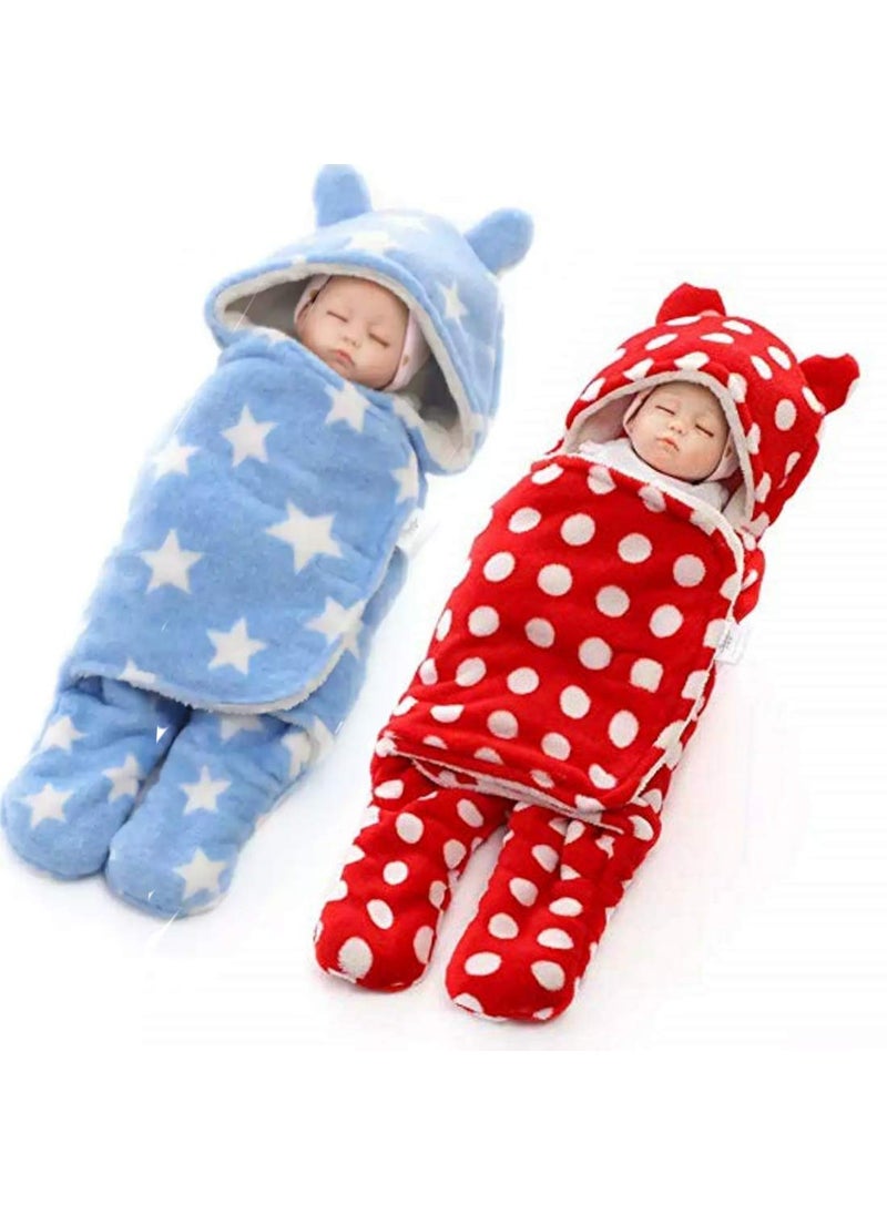 First Kick New Born Sleeping Bag Combo Pack of Super Soft Wearable Baby Wrapper Durable Fleece Polyester Cum Baby Sleeping Bag for Baby Boys Girls 76cm x 70cm 06 Months Pack of 2 Red Blue