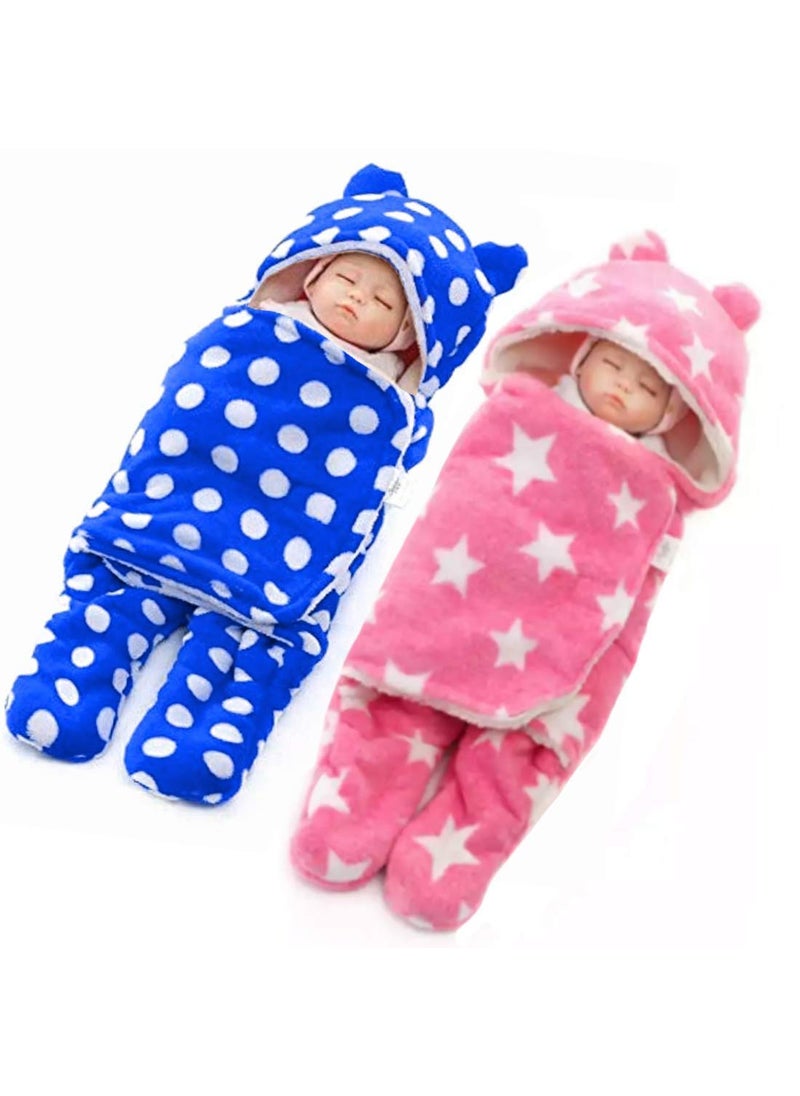First Kick New Born Sleeping Bag Combo Pack of Super Soft Wearable Baby Wrapper Durable Fleece Polyester Cum Baby Sleeping Bag for Boys Girls 76cm x 70cm 06 Months Pack of 2 Stars RoyalBlue Pink