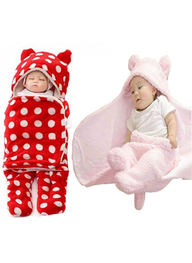 First Kick New Born Sleeping Bag Combo Pack of Super Soft Wearable Baby Wrapper Durable Fleece Polyester Cum Baby Sleeping Bag for Baby Boys Girls 76cm x 70cm 06 Months Pack of 2 Red Pink