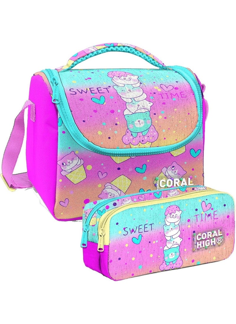 Colorful Ice Cream Cat Patterned Girl Thermal Insulated Lunch Bag and Pencil Case Set