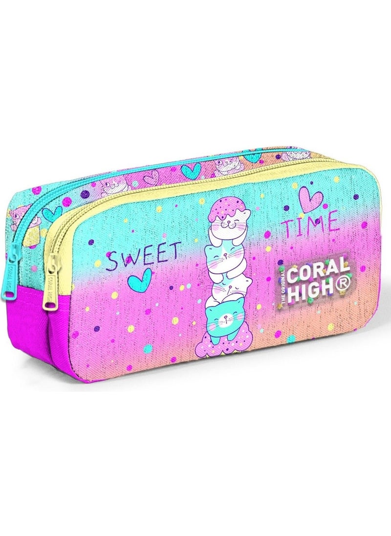 Colorful Ice Cream Cat Patterned Girl Thermal Insulated Lunch Bag and Pencil Case Set