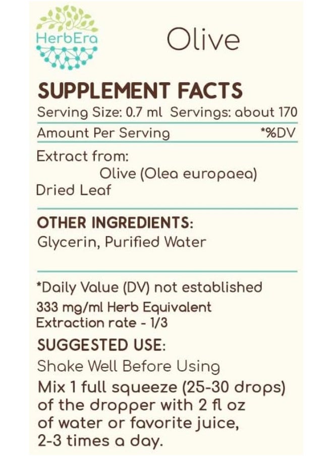 Olive B120 Alcohol-Free Herbal Extract Tincture, Super-Concentrated Organic Olive (Olea Europaea) Dried Leaf 4 Fl Oz