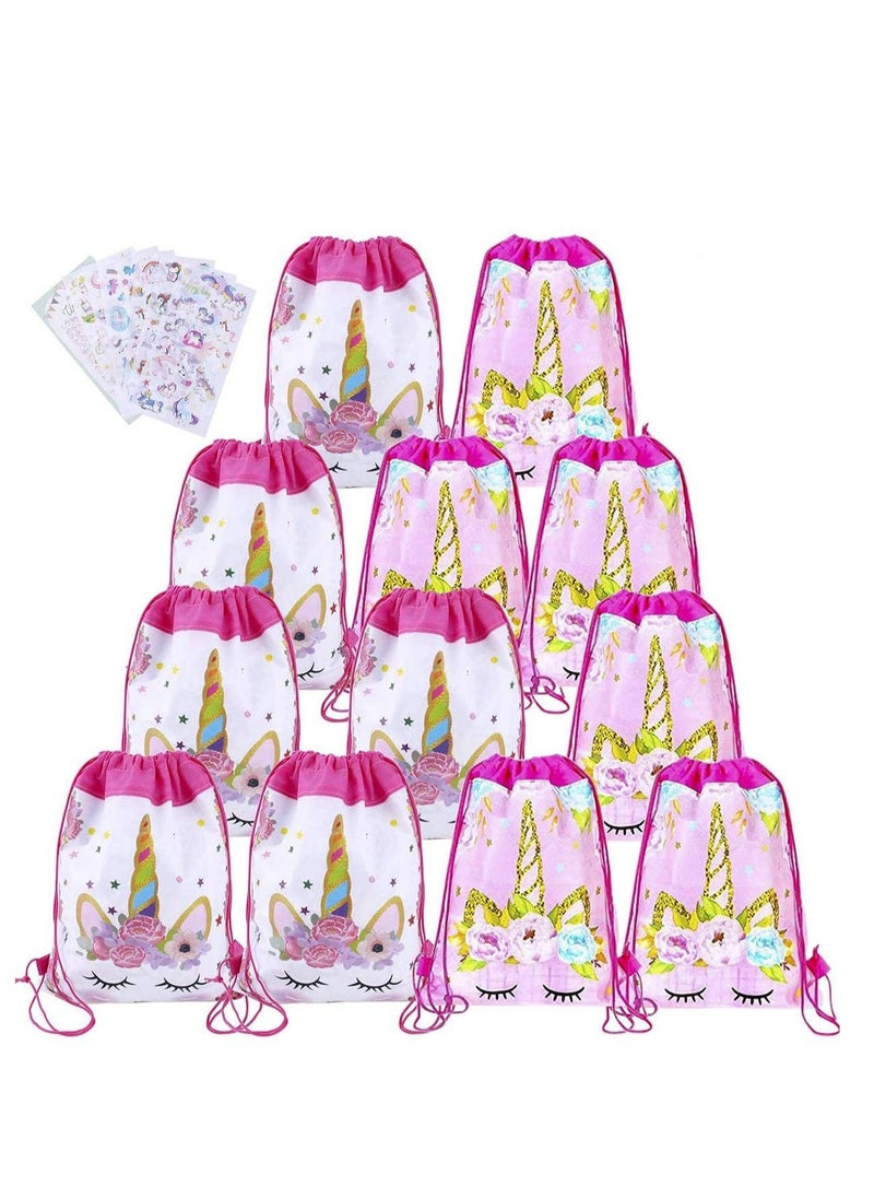 12 Pack Unicorn Drawstring Party Bags with 6 Unicorn Stickers, Unicorn Drawstring Backpacks Party Favor Bags Supplies for Kids Birthday Party Baby Shower