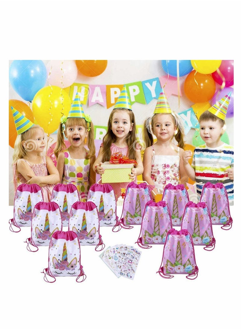 12 Pack Unicorn Drawstring Party Bags with 6 Unicorn Stickers, Unicorn Drawstring Backpacks Party Favor Bags Supplies for Kids Birthday Party Baby Shower
