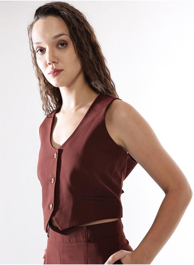 Women's Brown Polyester Blend Solid Regular Fit Waistcoat