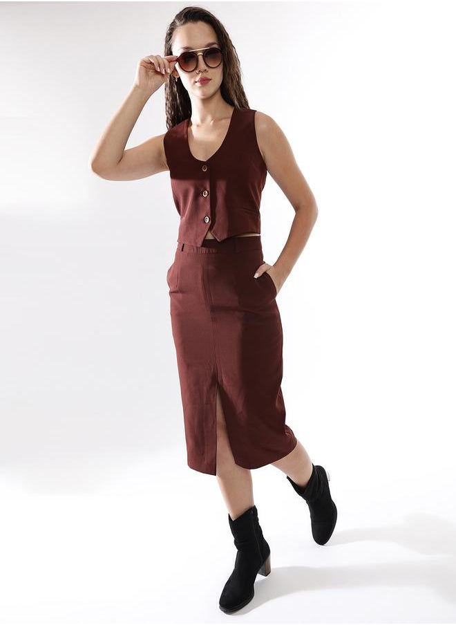 Women's Brown Polyester Blend Solid Regular Fit Waistcoat