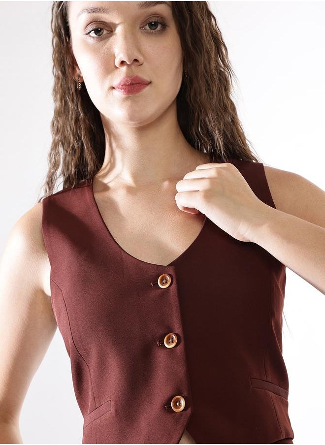 Women's Brown Polyester Blend Solid Regular Fit Waistcoat