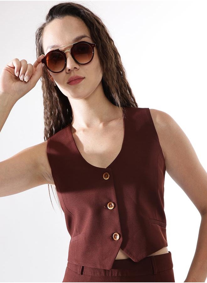Women's Brown Polyester Blend Solid Regular Fit Waistcoat