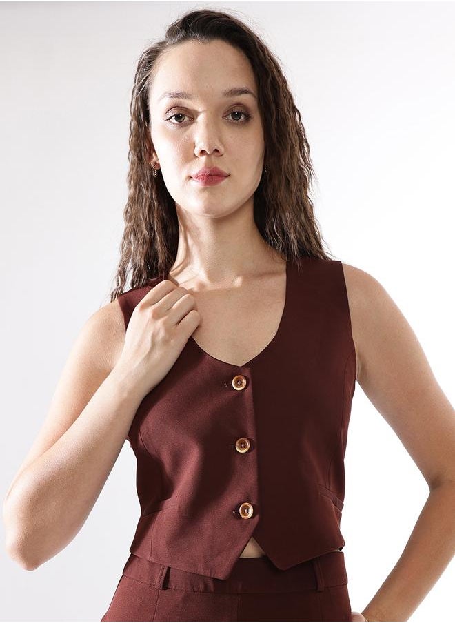 Women's Brown Polyester Blend Solid Regular Fit Waistcoat