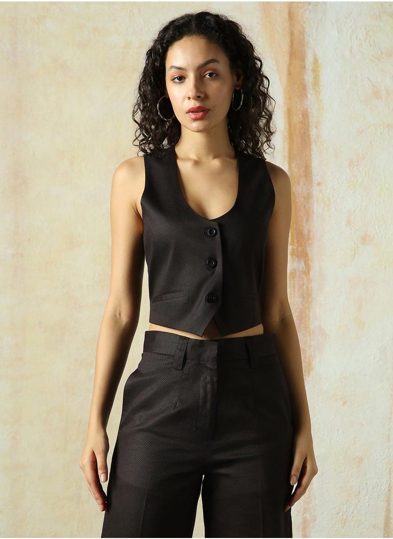 Women's Black Cotton Blend Solid Regular Fit Waistcoat