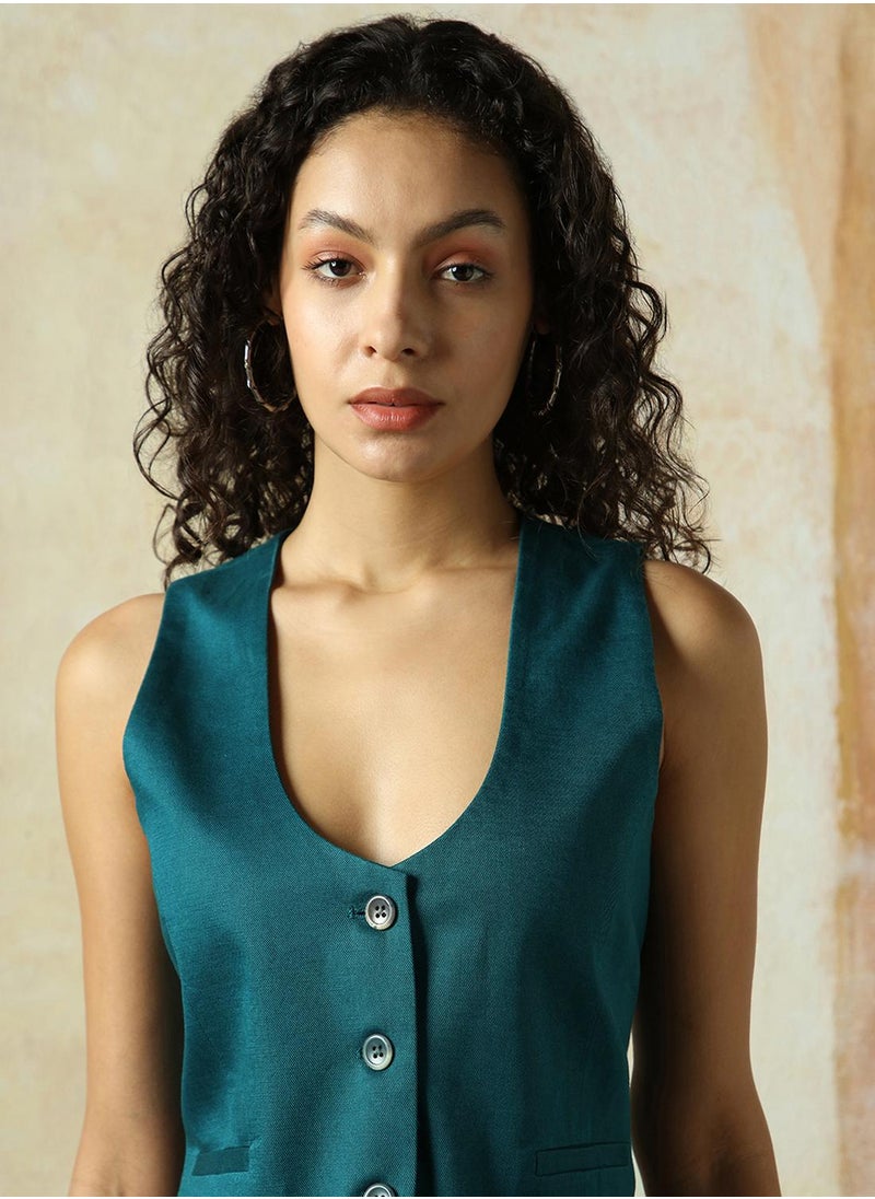 Women's Deep Teal Cotton Blend Solid Regular Fit Waistcoat
