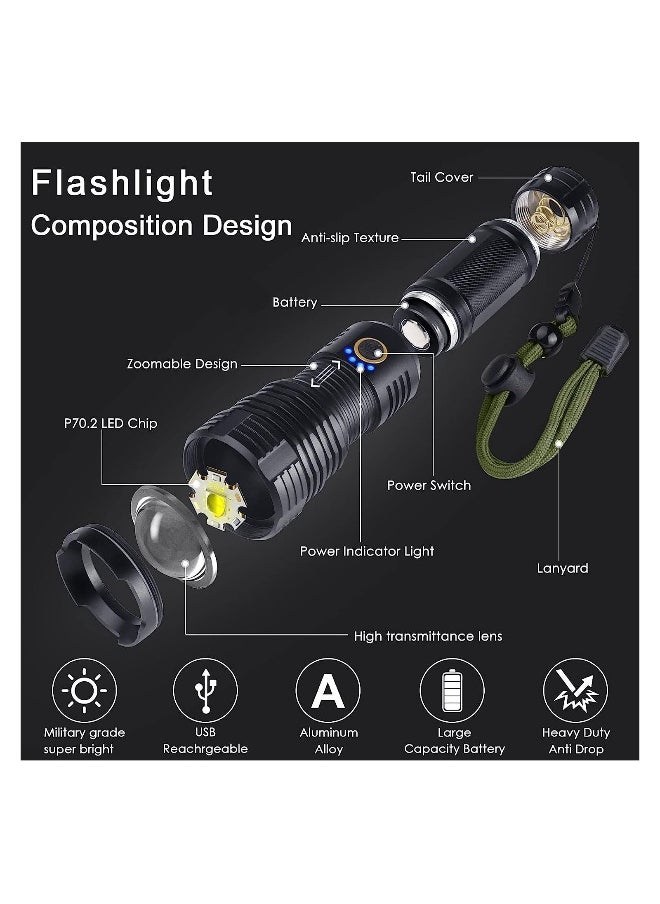 Rechargeable LED Glare Flashlight, High Lumens Flashlight, 5 Modes XHP70 Tactical Flashlight with Zoomable, Super Bright Waterproof Flashlights for Emergencies, Camping, Hiking
