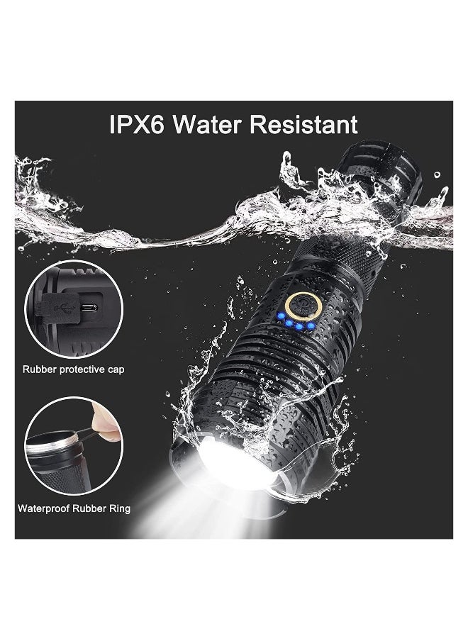 Rechargeable LED Glare Flashlight, High Lumens Flashlight, 5 Modes XHP70 Tactical Flashlight with Zoomable, Super Bright Waterproof Flashlights for Emergencies, Camping, Hiking