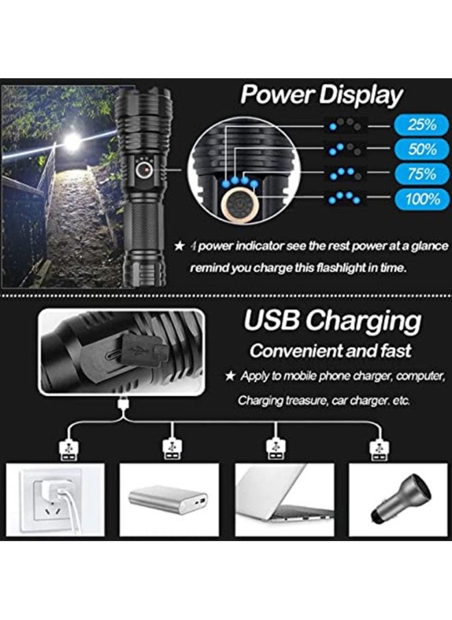 Rechargeable LED Glare Flashlight, High Lumens Flashlight, 5 Modes XHP70 Tactical Flashlight with Zoomable, Super Bright Waterproof Flashlights for Emergencies, Camping, Hiking