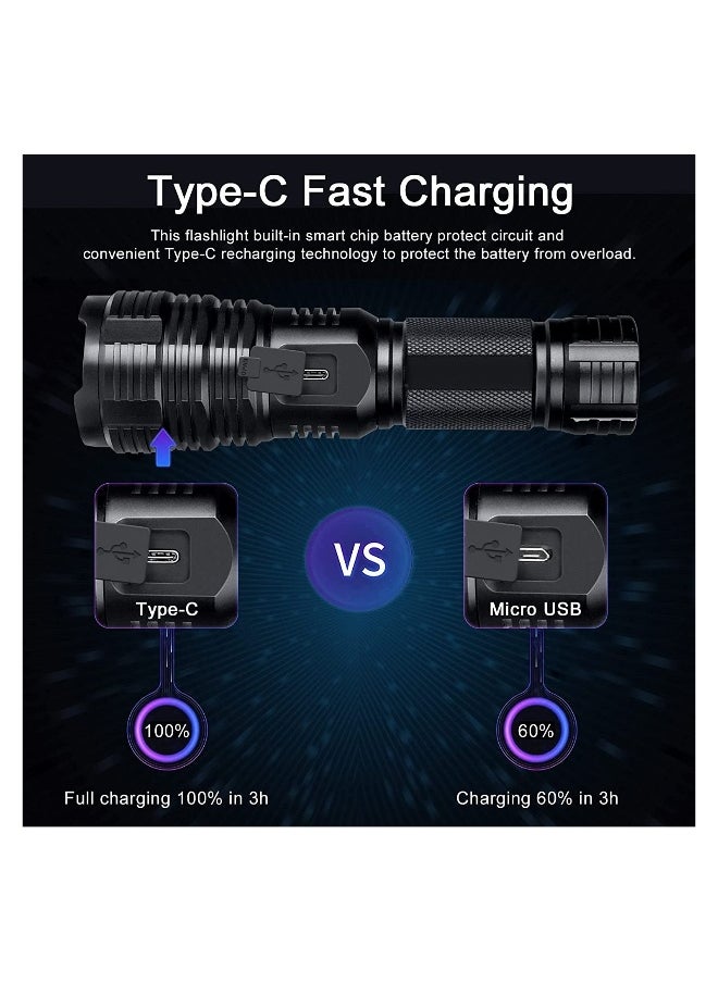 Rechargeable LED Glare Flashlight, High Lumens Flashlight, 5 Modes XHP70 Tactical Flashlight with Zoomable, Super Bright Waterproof Flashlights for Emergencies, Camping, Hiking