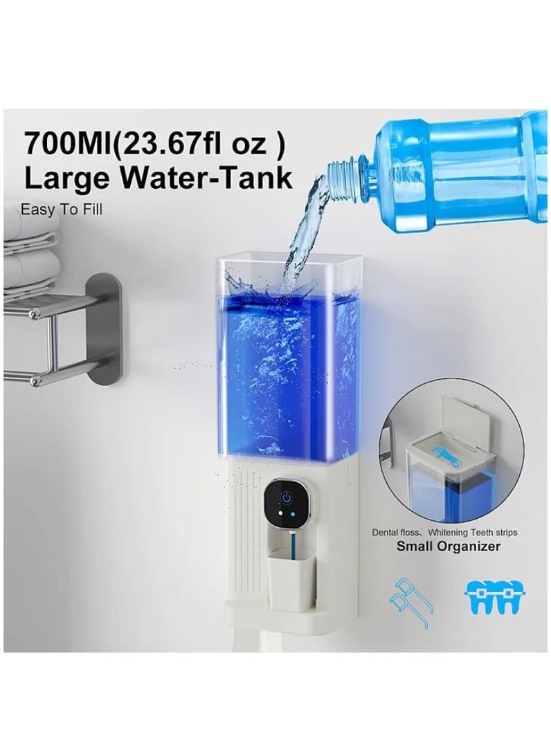 Automatic Mouthwash Dispenser for Bathroom, 700mL(23.67 Oz) Wall Mounted Mouth Wash Dispenser with Magnetic Cups, Rechargable and 2 Dispensing Levels Mouth Pumb Dispenser for All Age Groups (White)