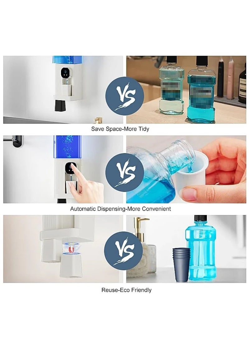 Automatic Mouthwash Dispenser for Bathroom, 700mL(23.67 Oz) Wall Mounted Mouth Wash Dispenser with Magnetic Cups, Rechargable and 2 Dispensing Levels Mouth Pumb Dispenser for All Age Groups (White)
