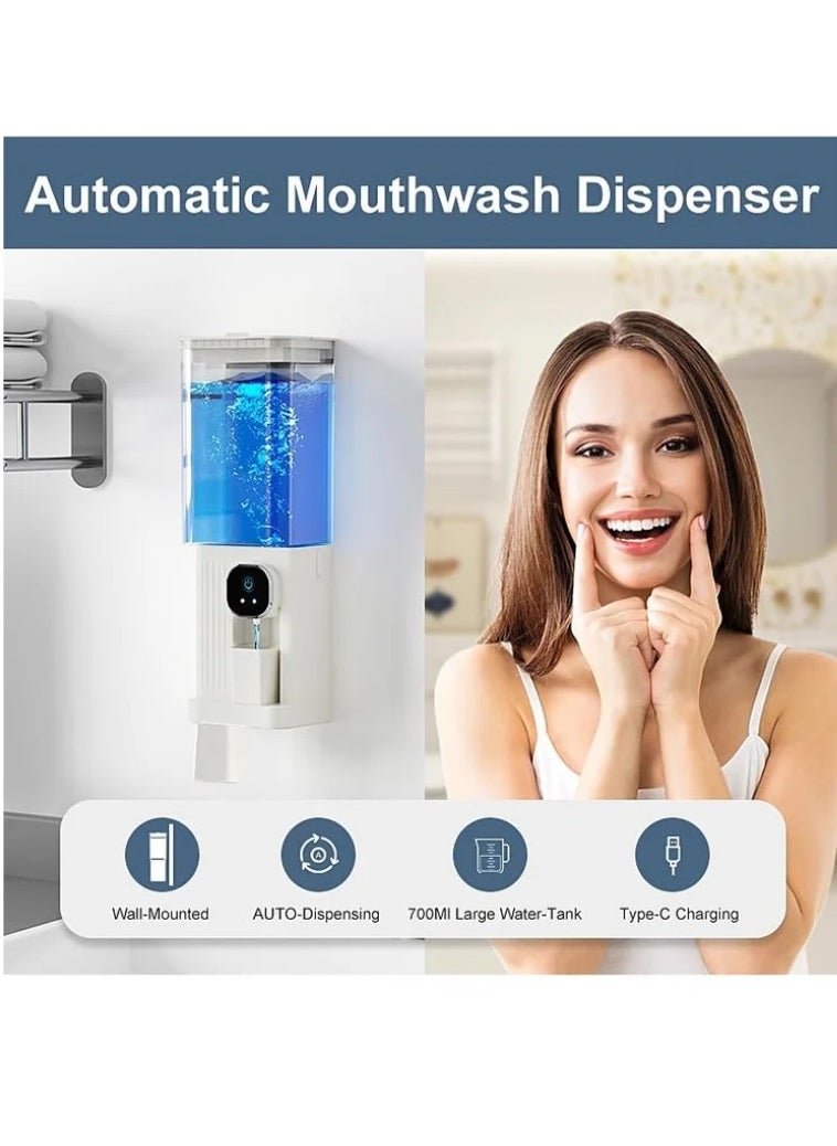 Automatic Mouthwash Dispenser for Bathroom, 700mL(23.67 Oz) Wall Mounted Mouth Wash Dispenser with Magnetic Cups, Rechargable and 2 Dispensing Levels Mouth Pumb Dispenser for All Age Groups (White)