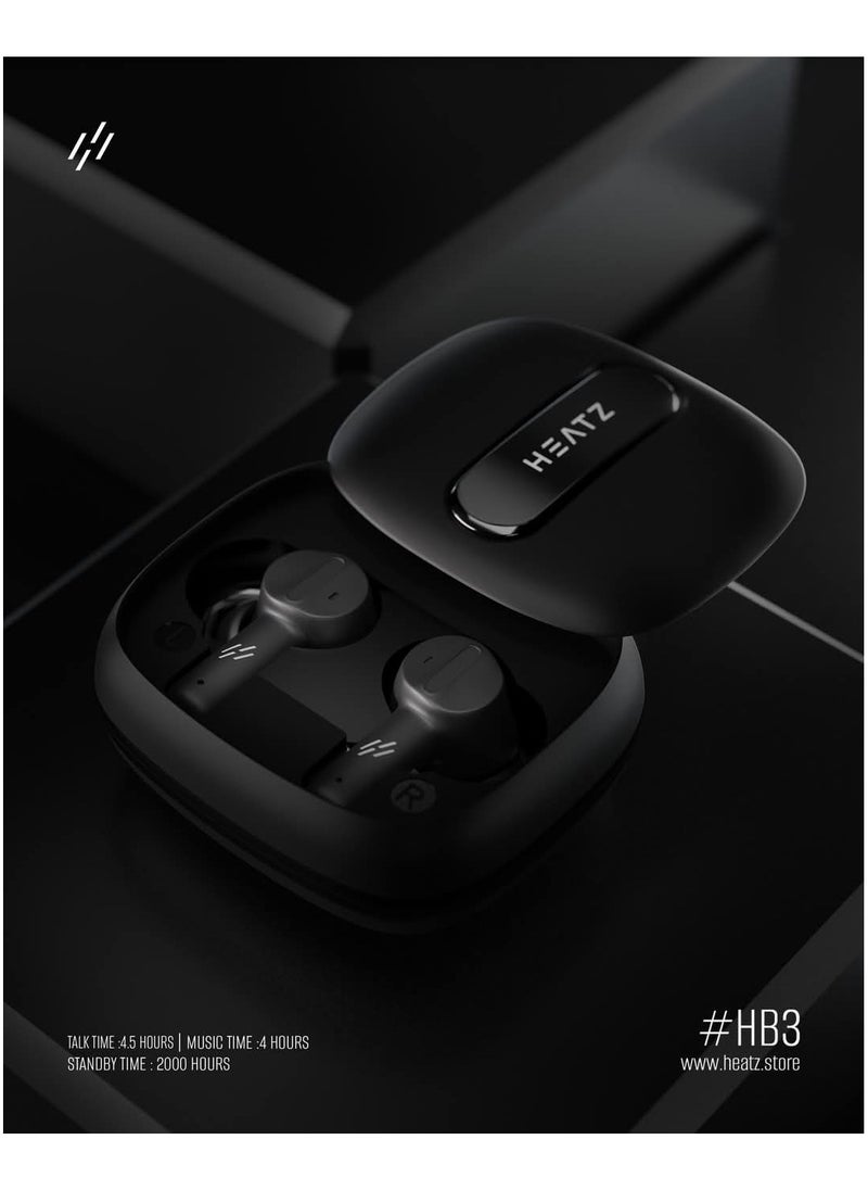 HEATZ Wireless Earbuds, TWS with Environmental Noise Cancellation (ENC), Crystal-clear audio, Bluetooth Headset,18 Hours Play Time, 2000 Hours of Standby, Slide Design Case, Black