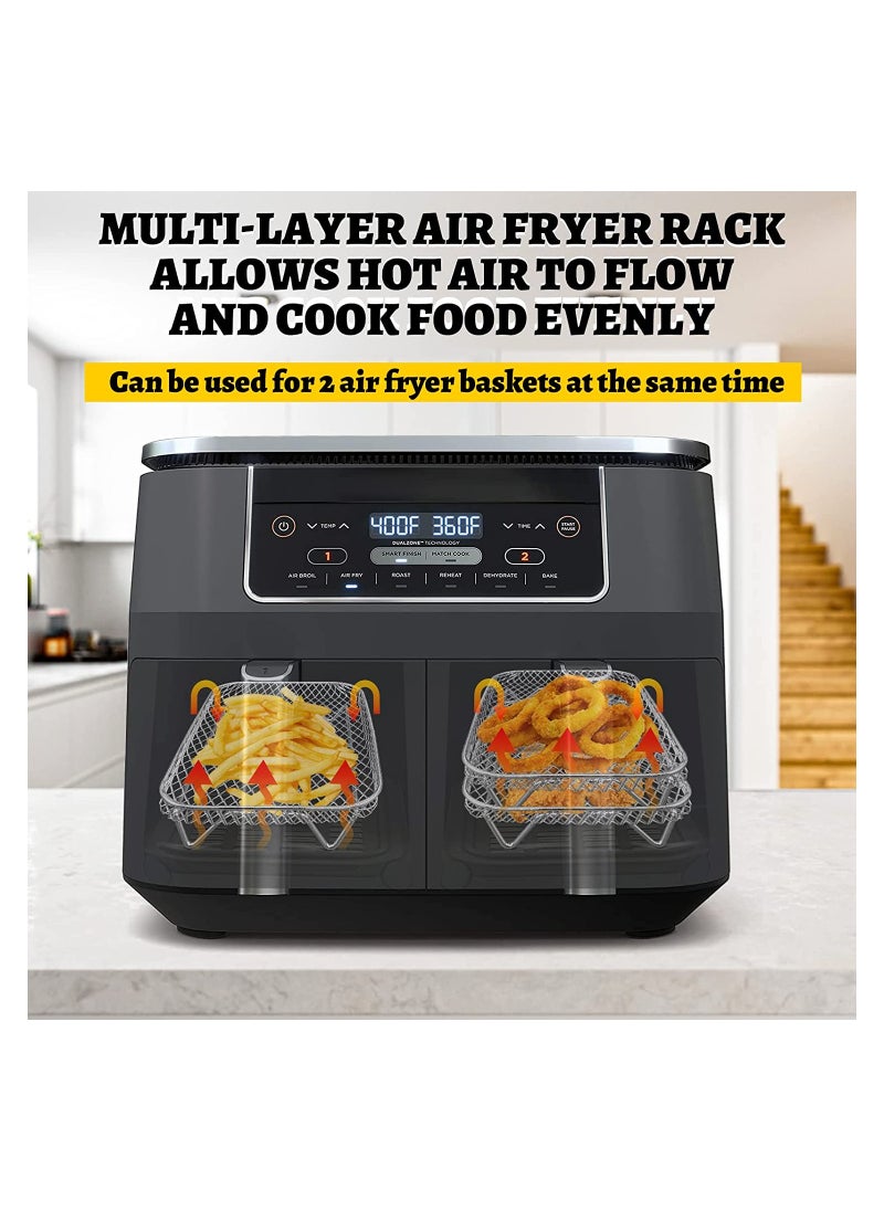 Stainless Steel Air Fryer Rack Set 3 Pcs Perfect for Ninja Dual Basket Fryers Includes Clips and Elevated Feet for Optimal Cooking