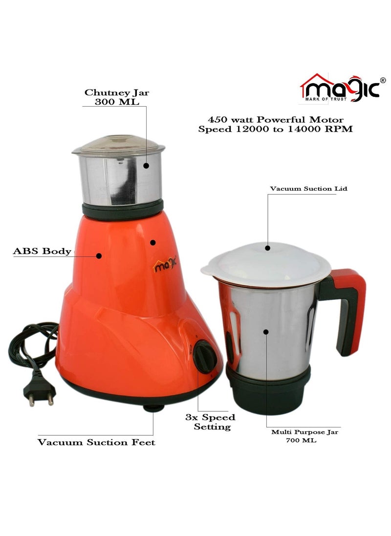 Magic Mixer Grinder 450W Mixie For Kitchen With NutriPro Features2 SS Mixer Jars For Heavy Duty GrindingAdjustable Speed ControlMultifunctional Blade System