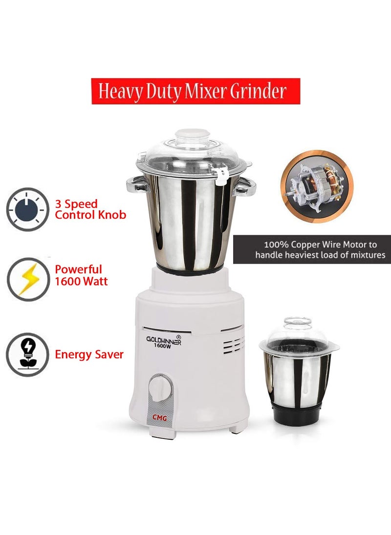 Goldwinner Mixer Grinder 3 Litter 1600watts Heavy duty and HiTech 100 copper motor with 2 Stainless Steel Jars WhiteRestaurantsCateringHotelsFood IndustryHeavy Home Usage