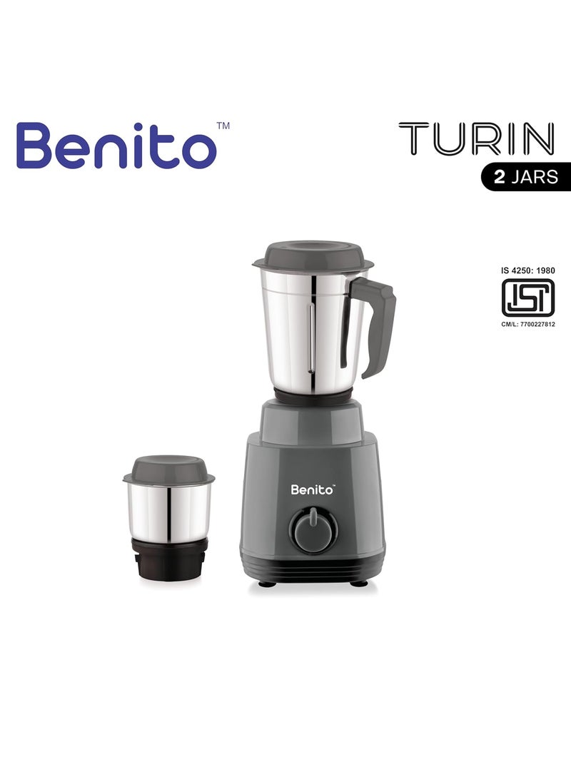 Benito TURIN 550W Mixer Grinder with 2 SS Jars HeavyDuty Shockproof ABS Housing Powerful Motor with Advanced Grinding Technology Elegant Gray Black Finish come with 1Year Warranty