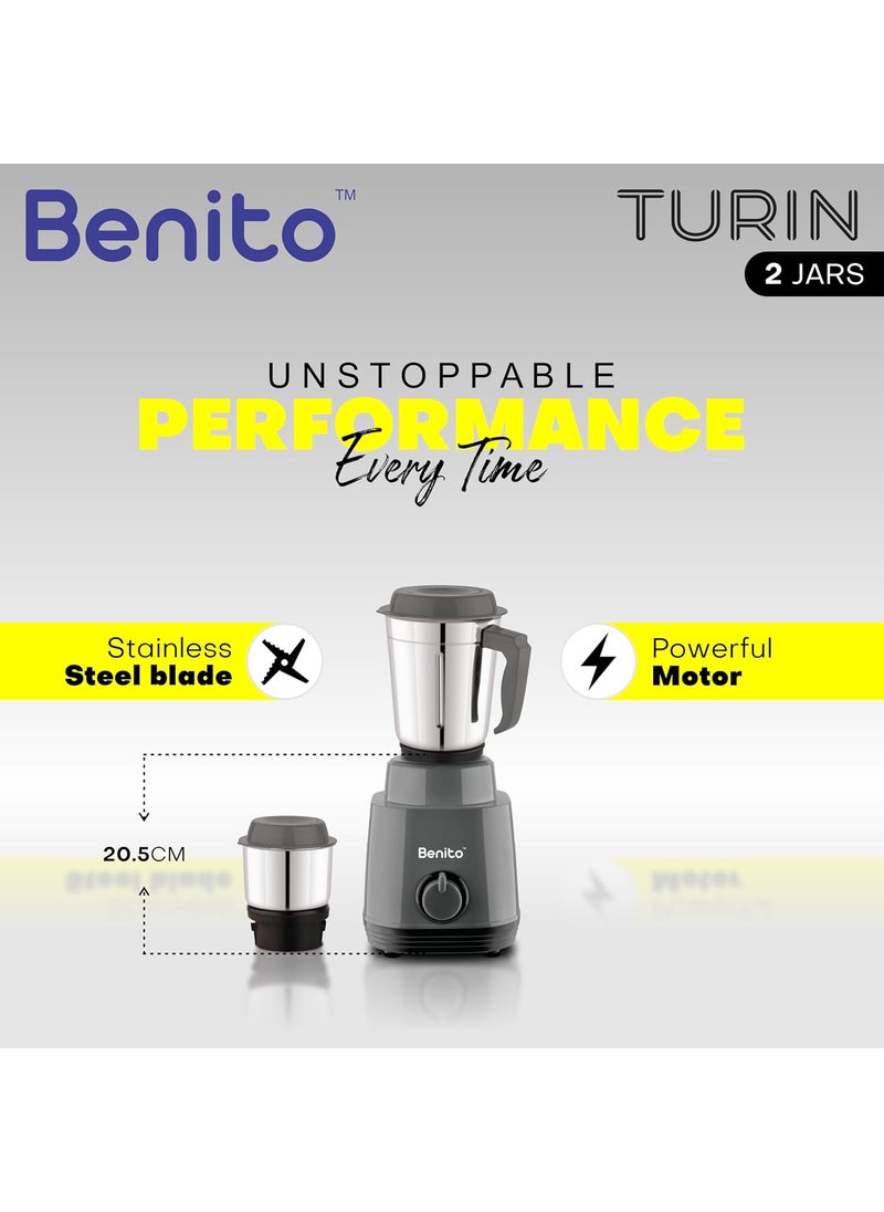 Benito TURIN 550W Mixer Grinder with 2 SS Jars HeavyDuty Shockproof ABS Housing Powerful Motor with Advanced Grinding Technology Elegant Gray Black Finish come with 1Year Warranty