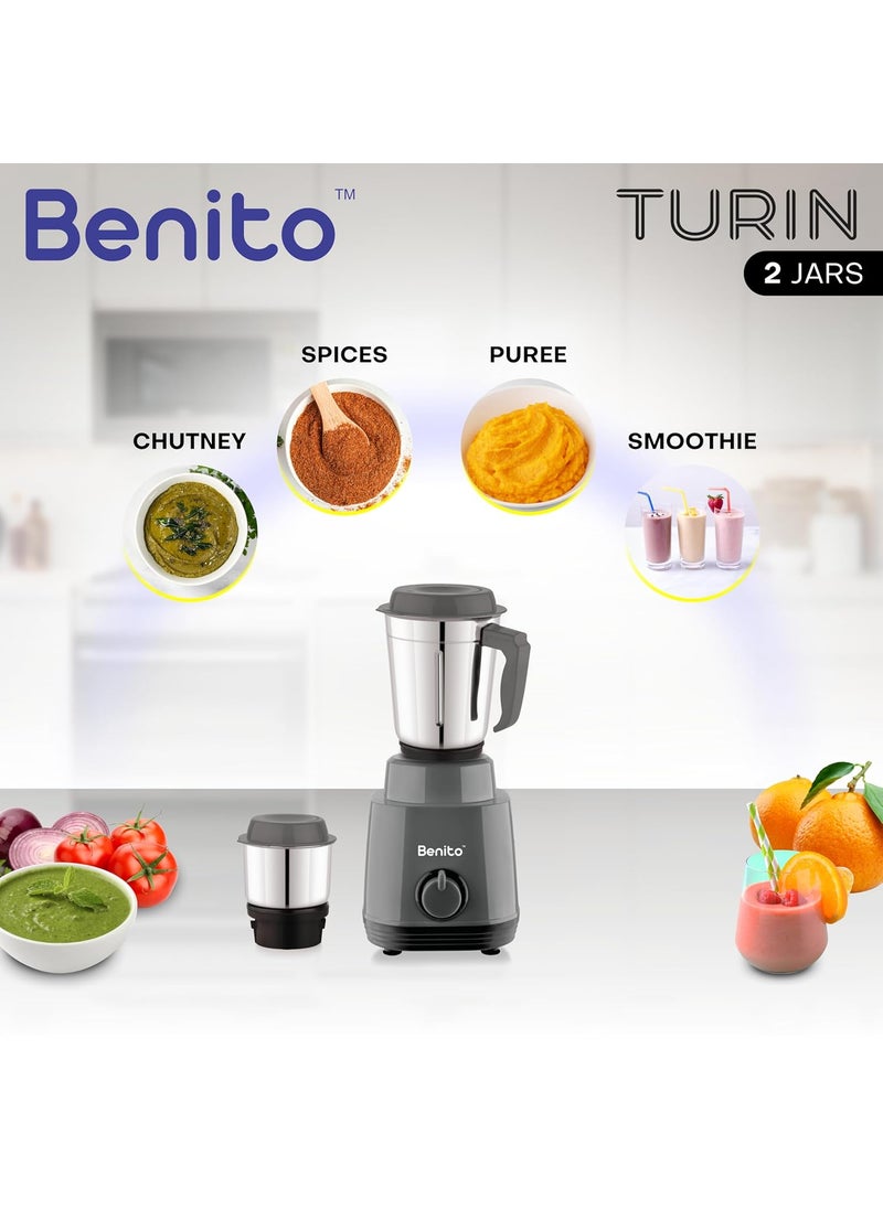 Benito TURIN 550W Mixer Grinder with 2 SS Jars HeavyDuty Shockproof ABS Housing Powerful Motor with Advanced Grinding Technology Elegant Gray Black Finish come with 1Year Warranty