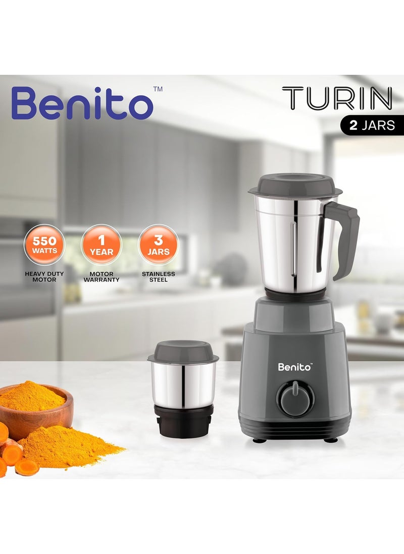 Benito TURIN 550W Mixer Grinder with 2 SS Jars HeavyDuty Shockproof ABS Housing Powerful Motor with Advanced Grinding Technology Elegant Gray Black Finish come with 1Year Warranty