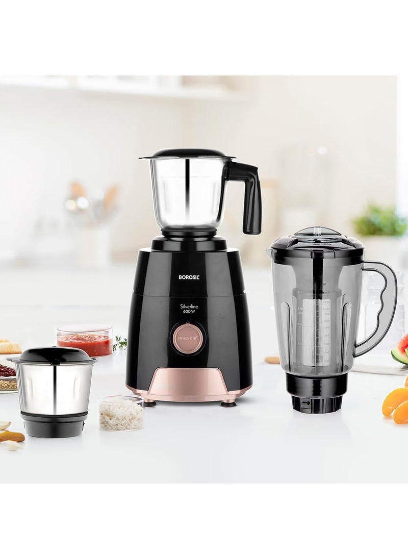 Borosil Silverline RG 600 W Mixer Grinder Wet Dry Mixing Grinding Blending 3 Jars 15 L Blending Jar 1 L Grinder Jar 04 L Chutney Jar Mixie For Kitchen White 2 Years Warranty