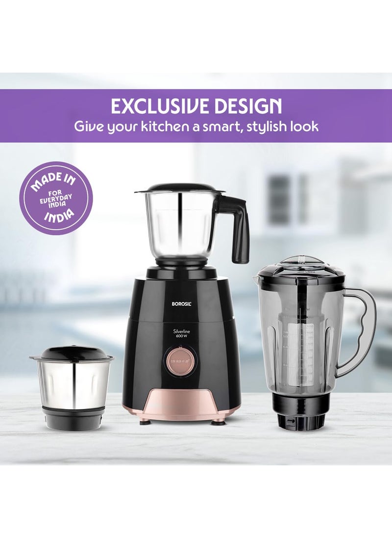Borosil Silverline RG 600 W Mixer Grinder Wet Dry Mixing Grinding Blending 3 Jars 15 L Blending Jar 1 L Grinder Jar 04 L Chutney Jar Mixie For Kitchen White 2 Years Warranty