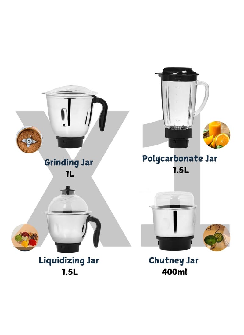 Chakmak X1 750W Mixer Grinder with 4 Multipurpose Jars Chutney Making Dry Grinding Wet Grinding Blender Mixer Steel Jar Capacity 1500ml 1500ml 1000ml 400ml 2 Year Warranty