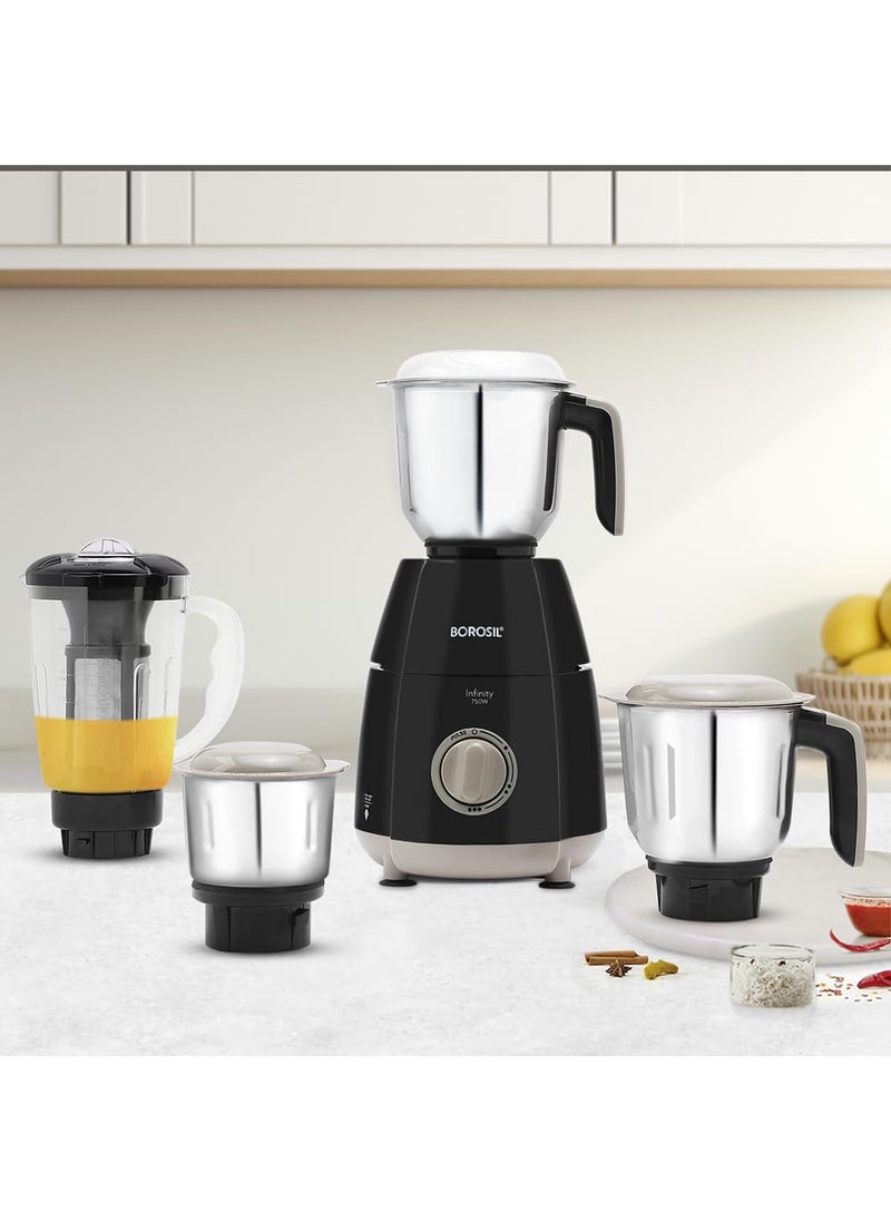 Borosil 750W Infinity Mixer Grinder with 4 Stainless Steel Jars 15L Jar with Fruit Filter 15L Blending Jar 1L DryWet Grinder Jar 400ml Chutnery Jar Kitchen Mixie 5 Years Warranty on Motor