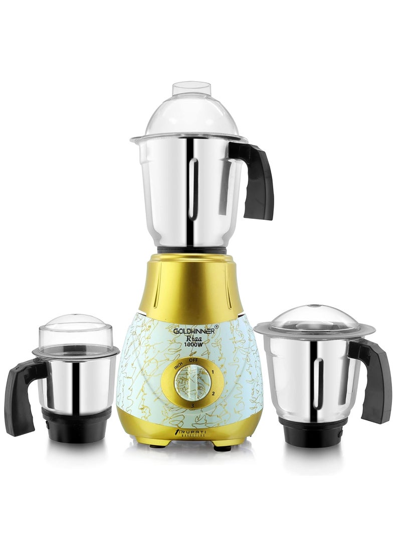 Goldwinner New Excellent Model RIAA 1000Watts Mixer Grinder with 100 Copper Motor with 3 Heavy Aluminium base Stainless Steel JarsDry Jar Chutney Jar Liquid Jar GoldWhiteCompany 37 Years of Servicing Marketing and Manufacturing Since 1984