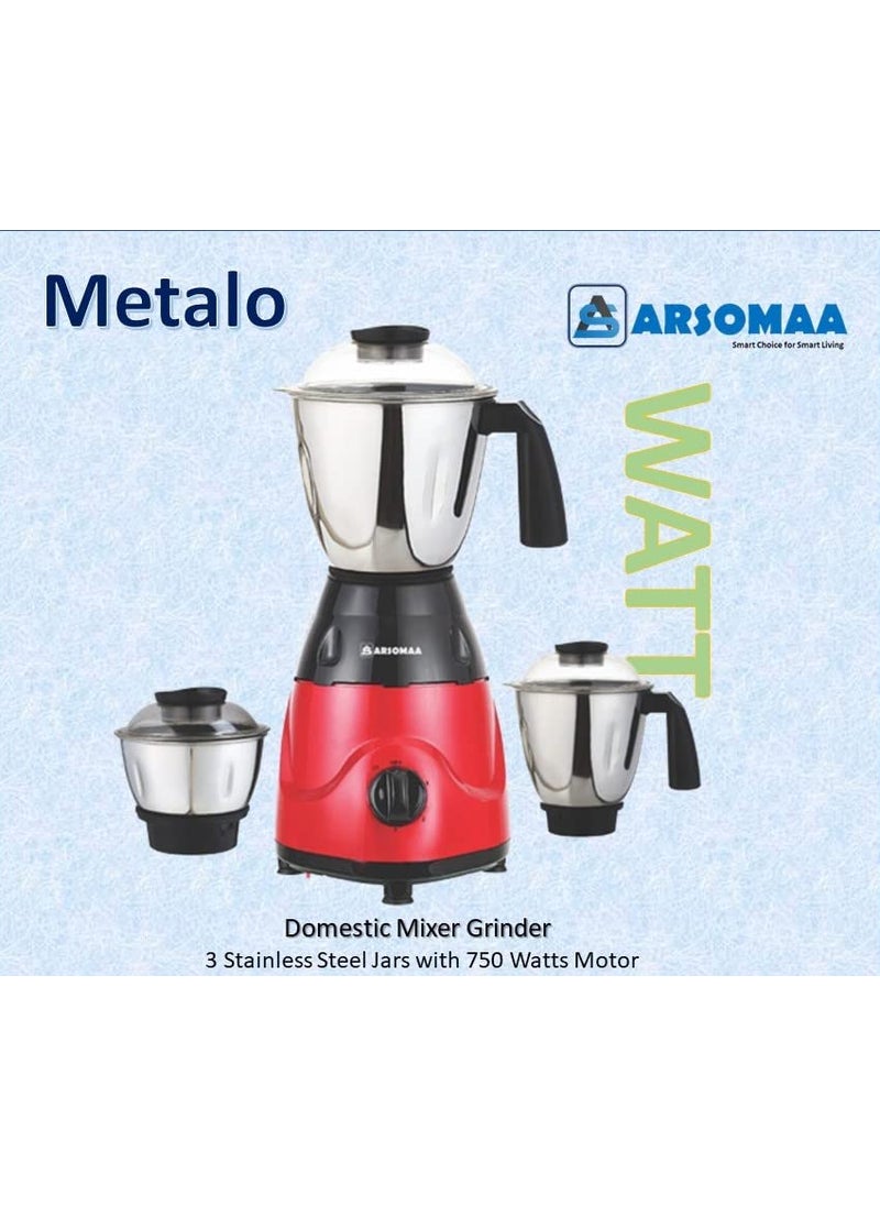 ARSOMAA Metalo Mixer Grinder Power Pro 750Watt The Ultimate Kitchen Companion with 3 Jars Stainless Steel Blades and 24Month Warranty Red Color