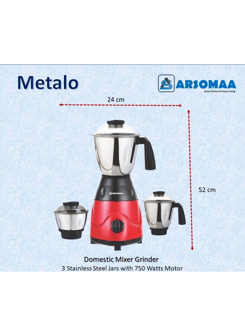 ARSOMAA Metalo Mixer Grinder Power Pro 750Watt The Ultimate Kitchen Companion with 3 Jars Stainless Steel Blades and 24Month Warranty Red Color