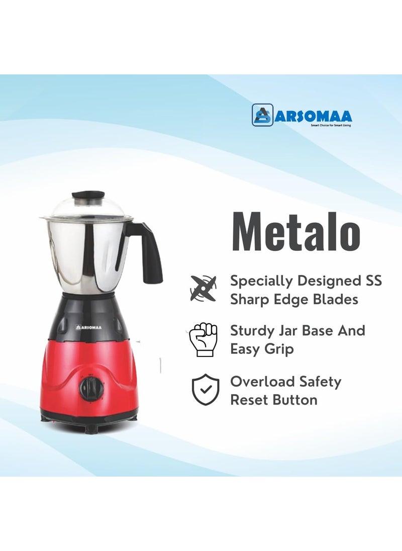 ARSOMAA Metalo Mixer Grinder Power Pro 750Watt The Ultimate Kitchen Companion with 3 Jars Stainless Steel Blades and 24Month Warranty Red Color