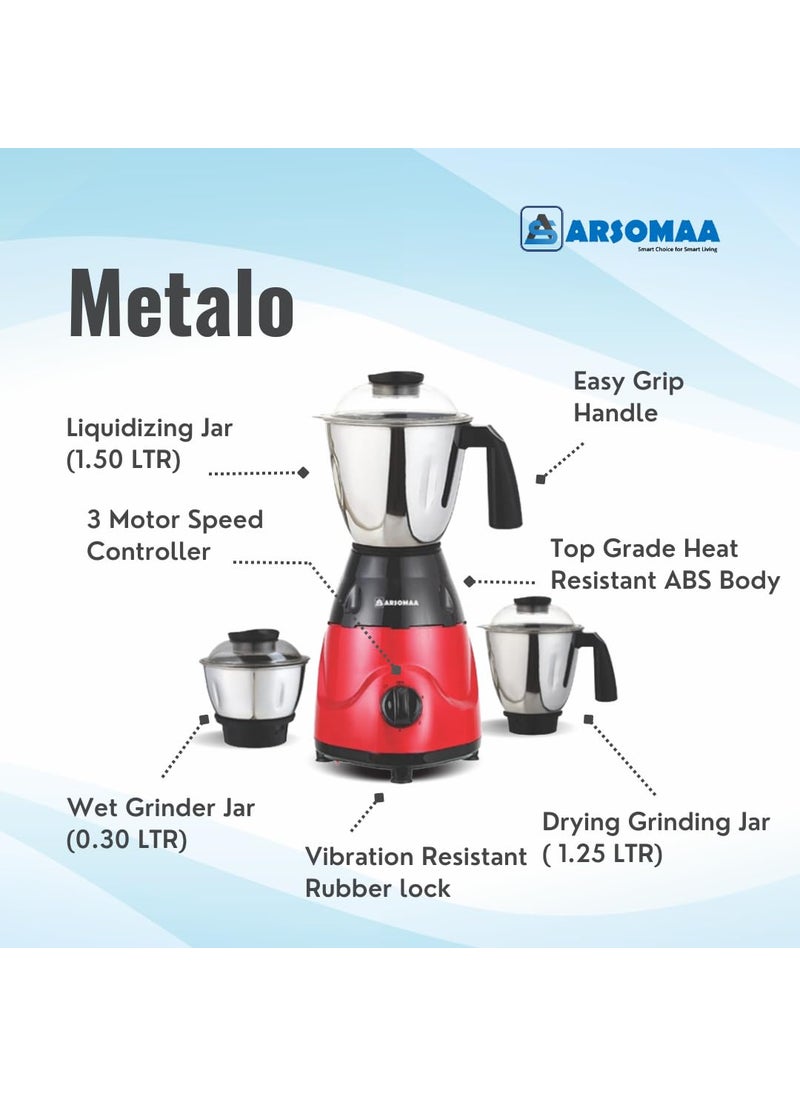 ARSOMAA Metalo Mixer Grinder Power Pro 750Watt The Ultimate Kitchen Companion with 3 Jars Stainless Steel Blades and 24Month Warranty Red Color