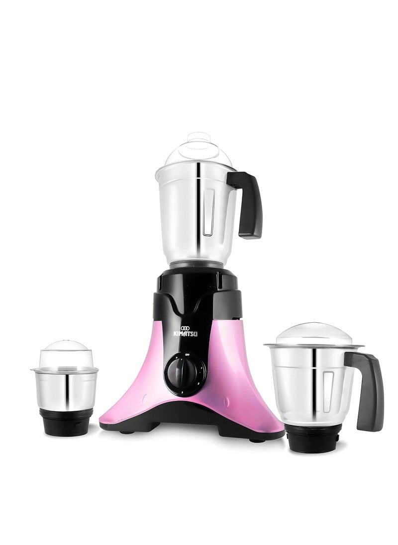Kimatsu Saffron MG750 Watt Mixer Grinder with 3 Stainless Steel Leakproof Jars Liquidizing Dry Chutney Jar 3 Speed Pulse function 3 Years Warranty on motor Pink and Black Metallic
