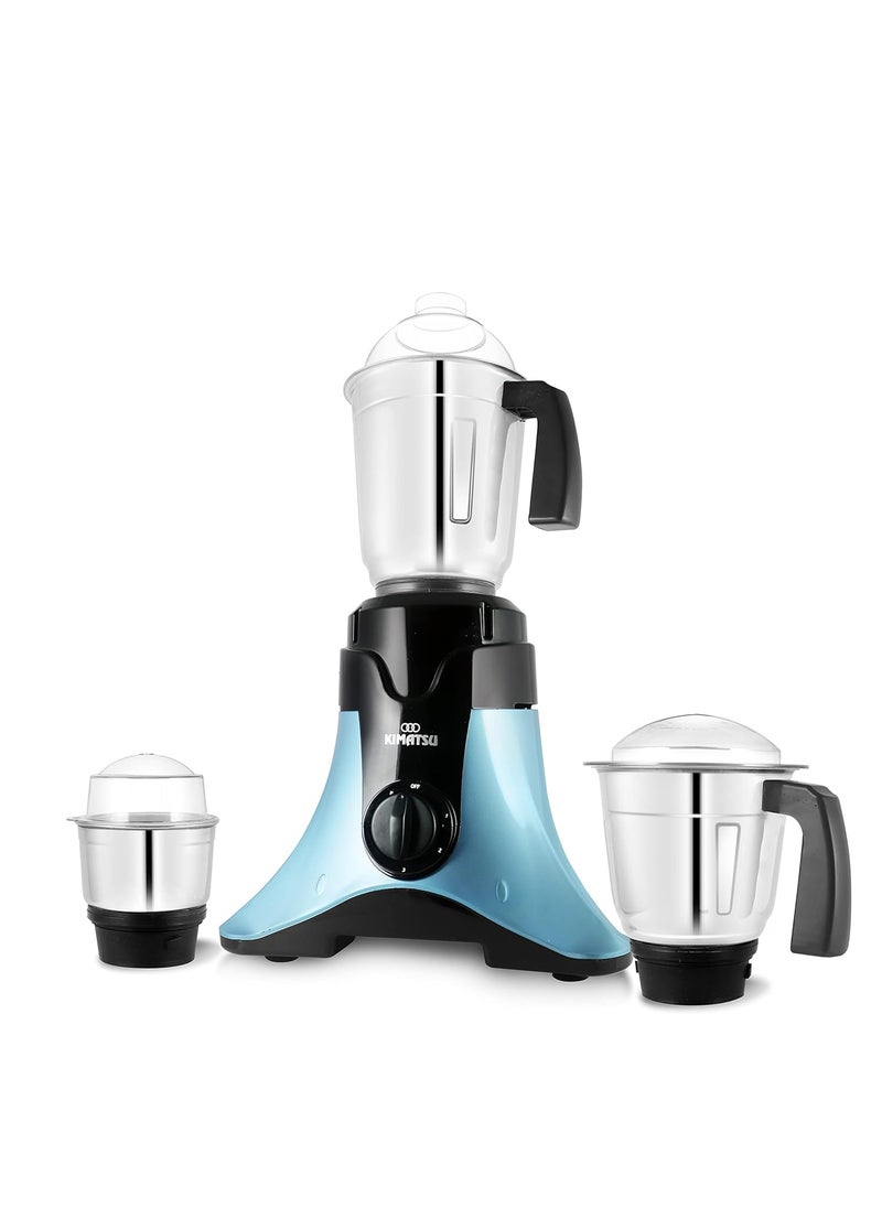 Kimatsu Saffron MG750 Watt Mixer Grinder with 3 Stainless Steel Leakproof Jars Liquidizing Dry Chutney Jar 3 Speed Pulse function 3 Years Warranty on motor Sea Blue and Black Metallic