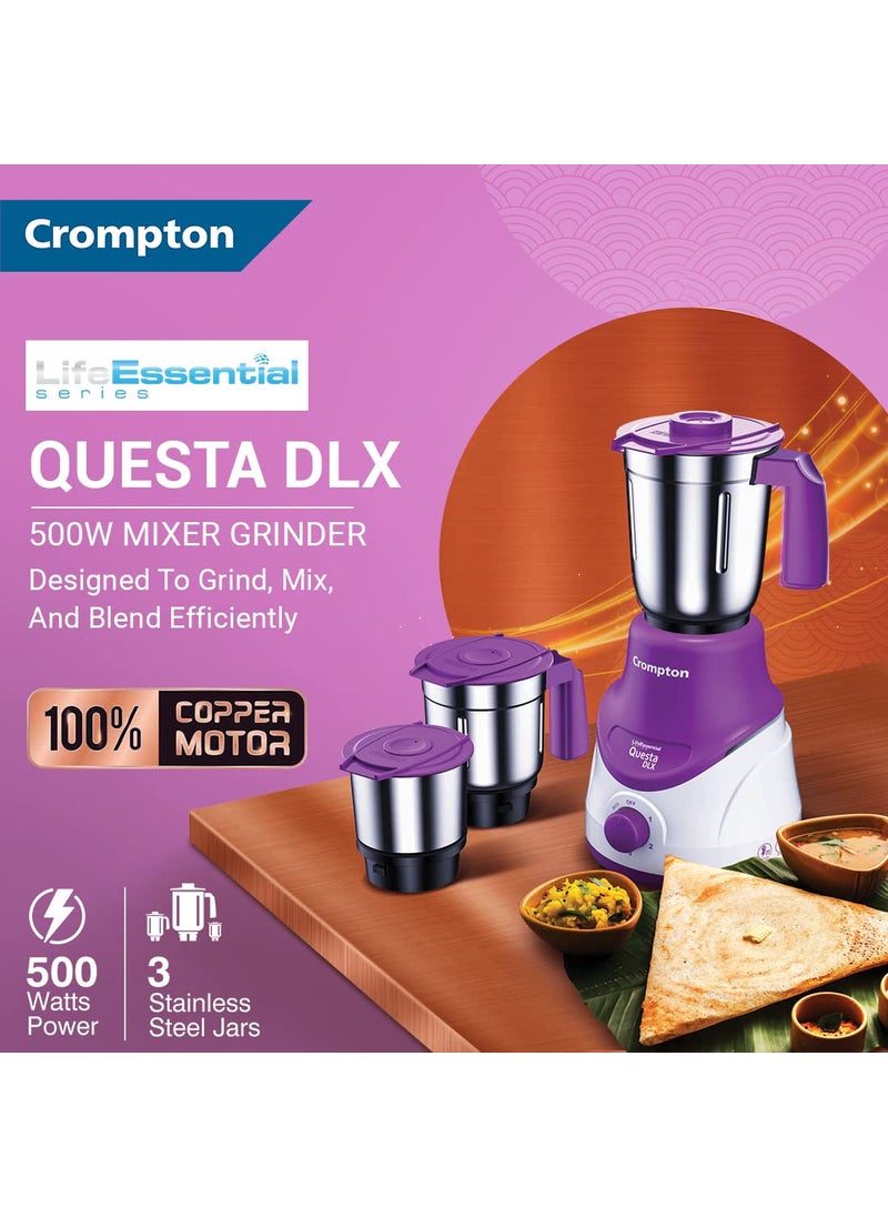 Crompton QUESTA DLX Mixer Grinder 100 Copper Motor Motor VentX Technology 3 Stainless Steel Jars Lavender