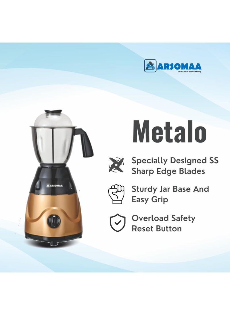 ARSOMAA Metalo Mixer Grinder Power Pro 750Watt Setting Standard of Performance Mixer Grinder with 3 Jars Stainless Steel Blades 24 Months Warranty Golden Color