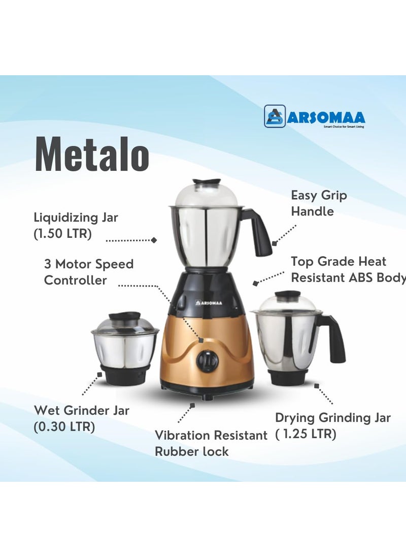 ARSOMAA Metalo Mixer Grinder Power Pro 750Watt Setting Standard of Performance Mixer Grinder with 3 Jars Stainless Steel Blades 24 Months Warranty Golden Color